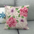 Close-up of floral linen pillowcase showing detailed rose print and fabric texture - 45x45cm (No Insert) / Beige Large Pink Rose Lavender Flower (3)