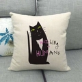 Linen sofa cushion cover with cute black cat illustration and Watching Humans text - Black Cat Green Eyes Style