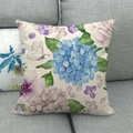 Square floral linen throw pillow with blue hydrangeas and butterflies on a grey sofa - 45x45cm (No Insert) / Beige Blue Hydrangea Purple Rose Butterfly (4)