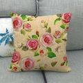 Close-up of square linen pillowcase with vintage rose floral print on a grey sofa - 45x45cm (No Insert) / Light Beige Vintage Pink White Rose (6)