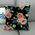 Close-up of vintage floral linen pillow cover with pink rose pattern on grey sofa - 45x45cm (No Insert) / Black Vintage Pink Yellow Rose (7)