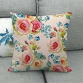 Macro shot of floral linen cushion cover texture with pink and red rose patterns - 45x45cm (No Insert) / Beige Full Floral Pattern Style (8)