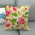 Detail of vintage floral linen pillowcase showing pink roses on a plaid beige background - 45x45cm (No Insert) / Beige Grid French Vintage Rose (9)