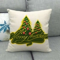 Linen Christmas pillow case featuring green trees and Merry Christmas text on sofa - 45x45cm / Double Christmas Tree Print (11)