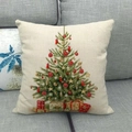 Linen Christmas pillow case featuring a colorful tree and gift boxes on gray sofa - Decorated Christmas Tree and Gifts (10)