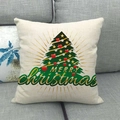 Linen Christmas pillowcase with green tree and Merry Christmas text on a grey sofa - 45x45cm / Gold Line Radiating Tree (13)