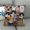 Detailansicht quadratischer Leinenkissenbezug mit Katzenmuster auf grauem Sofa - Dichte Collage Katzenköpfe