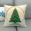 Beige linen Christmas tree pillow cover with red and gold ornaments on a grey sofa - 45x45cm / Big Gold Star Dark Green Tree (15)