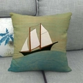 Linen pillow cover with Nordic sailboat art displayed on a modern grey fabric sofa - Artistic Sailing Boat (9) / 45x45cm