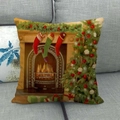 Christmas pillowcase featuring a cozy fireplace and tree scene on a grey sofa - Cozy Fireplace Scene (16)