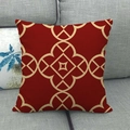Close-up of red linen pillow cover with beige geometric pattern on a gray sofa - Red Beige Large Floral Geometric (4) / 45x45cm