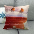 Linen Christmas cushion cover featuring robins and red mailbox on a grey sofa - 45x45cm / Red Mailbox with Robin (10)