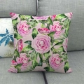 Linen sofa cushion cover with floral pink roses and digital printing for home decor - Pink Rose Style (2)
