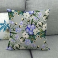 Detailed texture of linen throw pillow cover with blue flowers and cotton plant prints - Blue Flower Cotton Cluster Style (3)
