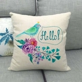 Beige linen cushion cover with artistic crown bird and Hello embroidery on grey sofa - Hello Crown Bird Style (9)