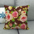 Linen throw pillow cover featuring vintage pink roses and white polka dots on dark brown - 45x45cm (No Insert) / Dark Brown Polka Dot Rose (10)