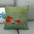 Linen pillow cover with hand-drawn cartoon foxes and autumn trees on a grey sofa - Red Fox Woods Illustration Style (15)