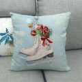 Light blue linen Christmas cushion cover featuring white ice skates and festive gift patterns - 45x45cm / Ice Skates Blue Background (11)