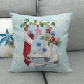Light blue Christmas linen pillow cover with festive ice skates and star prints - 45x45cm / Holiday Boots Blue Background (12)