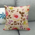 Linen square pillow cover featuring vintage large rose floral print on beige fabric - 45x45cm (No Insert) / Beige Vintage Large Rose (12)
