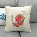 Macro detail of linen pillowcase with watercolor watermelon print on a grey sofa - Hand-painted Watercolor Watermelon (14) / 18x18 Inch