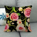 Square linen throw pillow case featuring vintage floral rose pattern on black background - 45x45cm (No Insert) / Black Base Pink White Large Rose (13)