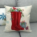Linen Christmas pillow case with red holiday boots illustration on a gray sofa - 45x45cm / Christmas Boots with Gifts (14)