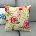 Linen square throw pillow cover featuring realistic pink rose flowers on a gray sofa - 45x45cm (No Insert) / Beige Fresh Pink Rose Vine (14)