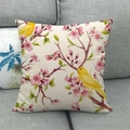 Linen sofa cushion cover featuring yellow bird and pink floral branch design - Yellow Bird on Flower Branch (2)