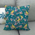 Linen sofa cushion cover with pink plum blossom and yellow bird pattern on peacock blue - Deep Teal Floral Bird Pattern (3)