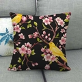 Detailed texture of linen cushion cover with plum blossom and yellow bird on gray sofa - Black Background Watercolor Pink Cherry Yellow Birds (6)