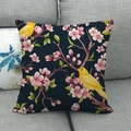 Detail of linen pillowcase featuring pink plum blossoms and yellow birds on navy blue - Dark Blue Background Pink Cherry Yellow Birds (8)
