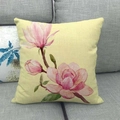 Detailed texture of linen cushion cover featuring elegant pink floral patterns on a sofa - Beige Background Pink Magnolia (10)