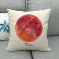 Close-up of Mars planet watercolor print on beige linen pillowcase texture - Mars