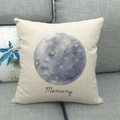 Detail view of linen Mercury planet pillowcase on a grey fabric sofa with clear texture - Mercury