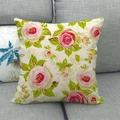 Linen square pillow cover with pink floral rose pattern on a grey fabric sofa - 45x45cm (No Insert) / White Base Pink Rose (16)
