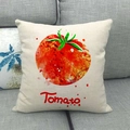 Close-up of linen pillow cover with watercolor tomato print on a grey sofa - Tomato Style (13)