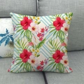 Tropical linen pillow cover with floral print and green palm leaves on grey sofa - 18x18 Inch / Tropical Hibiscus Stripe Style (5)