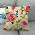 Linen square pillow cover with pink rose floral print on a gray fabric sofa - 45x45cm (No Insert) / Beige Full Pink Rose (17)