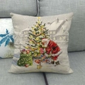 Linen Christmas pillow case featuring Santa decorating a tree in the snow scene - Santa Claus Decorating Tree in Snow Style (11)