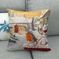 Square linen pillow cover featuring winter snow scene with robin and house on sofa - Robin Bird and House after Snow Style (12)