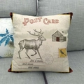 Linen Christmas pillow case with reindeer postcard print and red buffalo plaid edges - 18x18 Inch / Cottage Style