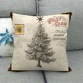 Linen Christmas pillow case with retro postcard spruce tree and buffalo plaid border - 18x18 Inch / Christmas Tree Style