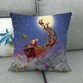 Christmas pillow cover with Santa and reindeer sleigh on linen cushion for sofa - Santa Claus Flying over Village Style (13)