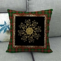 Détail de housse de coussin en lin avec plaid écossais, léopard et motif mandala doré - Style Floral Rétro Vigne (4) / 45x45 cm