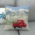 Housse de coussin de Noël avec camion rouge vintage et décor de neige en lin - 45x45 cm / Style Camion Rouge Montagne Enneigée (1)