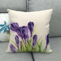 Floral linen pillow case with purple watercolor crocus pattern on grey sofa - 45x45cm / Purple Crocus