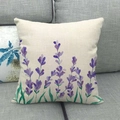 Detail of linen pillowcase with watercolor lavender flower design on grey sofa - 45x45cm / Purple Lavender