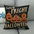 Halloween pumpkin linen cushion cover with Tales of Fright typography on grey sofa - Five Pumpkins Slogan Black Style (2)