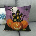 Close-up of linen Halloween pillow cover with pumpkin lanterns and castle pattern - Halloween Night Pumpkin Castle (10)